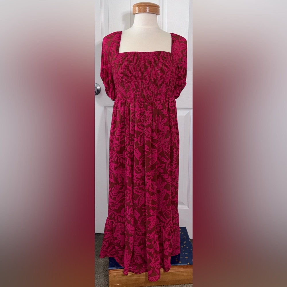 Torrid 00 Pink Tropical Smocked Maxi Dress Square Neck Puff Sleeve Fit Flare